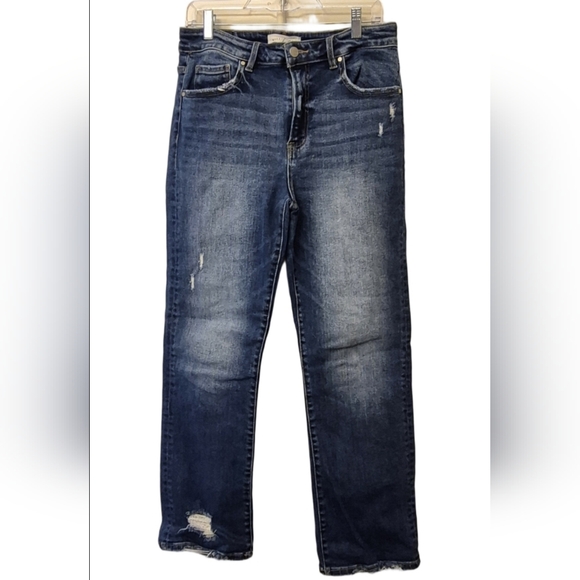 Risen Jeans Denim - Risen 13/31 Med Dark Wash Denim Straight Leg Jeans Distressed 28" Inseam
